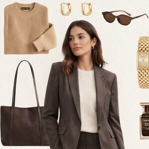 Theory Pinstripe Wool Blend Blazer Jacket Brown Tailored Career Office Women L